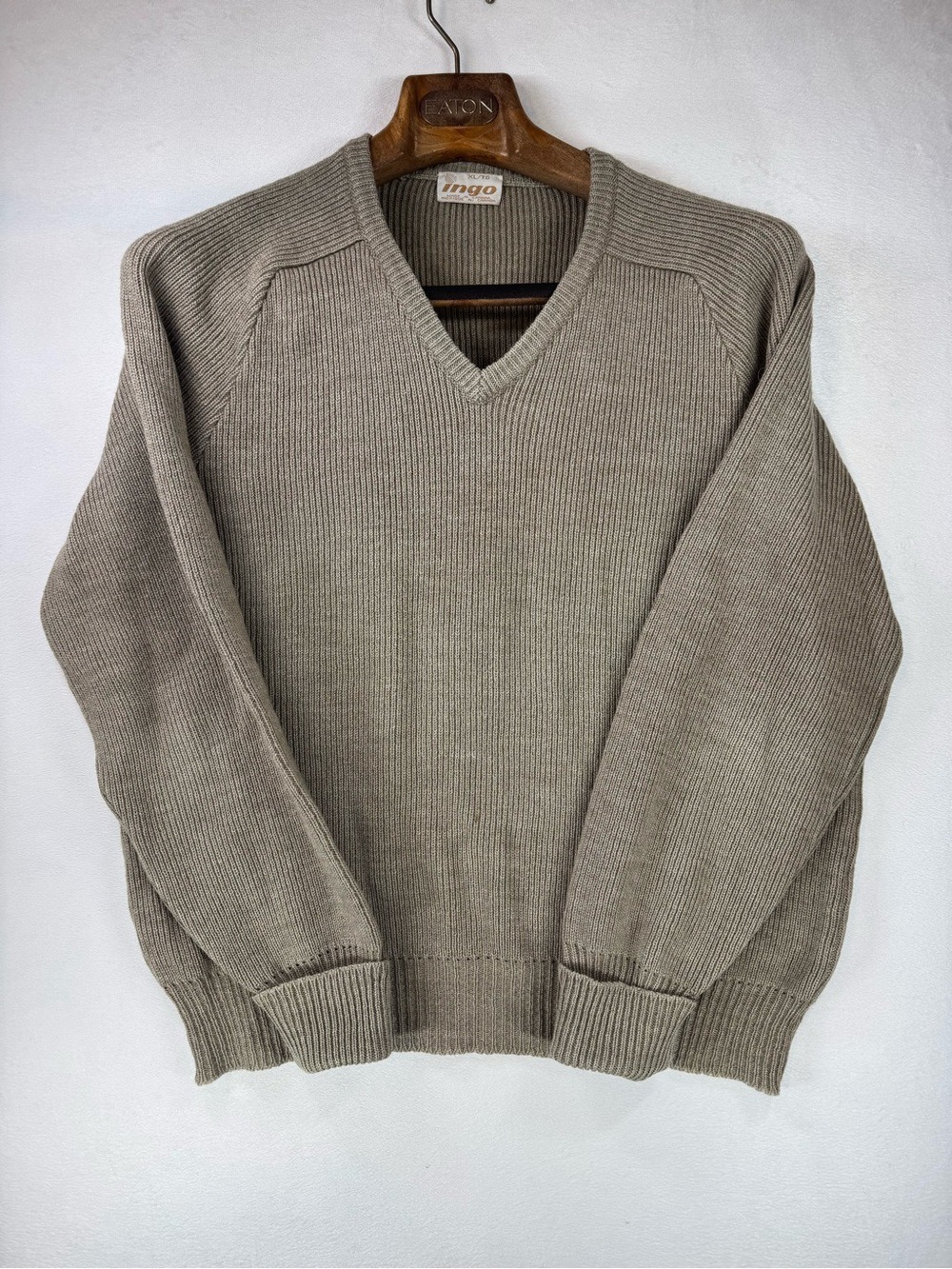 Ingo Canada Vintage Classic V-Neck Sweater in Taupe Wool XL